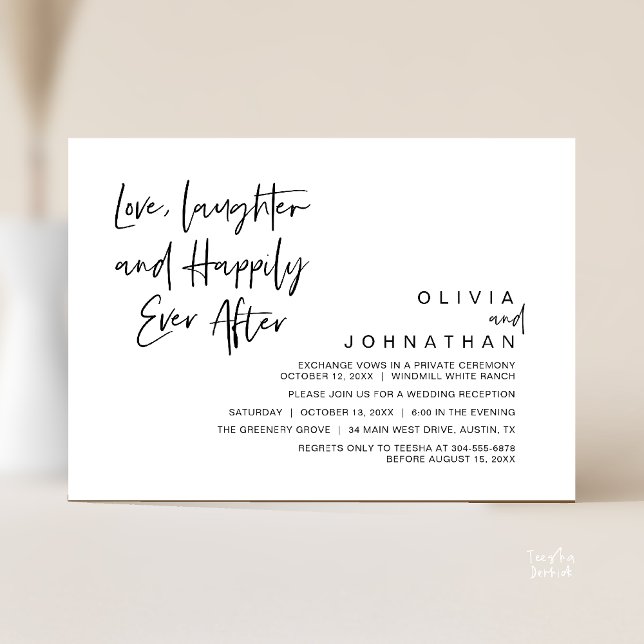 Invitación Amor, risas y felicidad siempre después, moderno (Love, Laughter and Happily Ever After, Modern Boho Wedding Invitation Card PDF Black White)