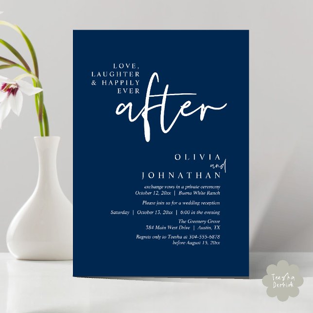 Invitación Amor, Risas Y Feliz Desde La Recepción (Love, Laughter And Happily Ever After Reception Modern Minimalist Invitation Card PDF Navy Blue)