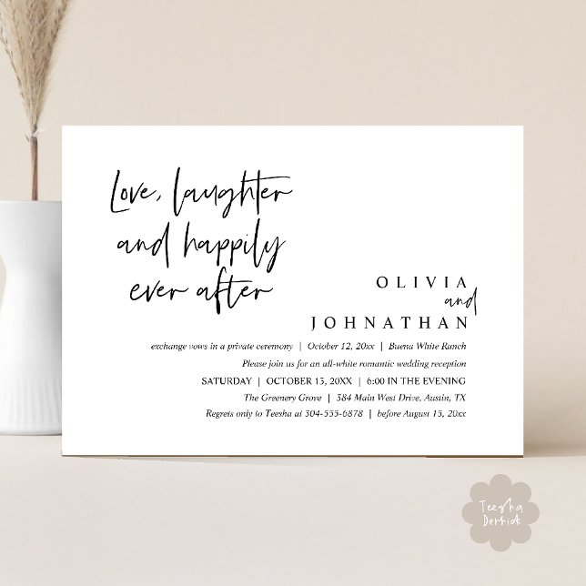 Invitación Amor, Risas Y Feliz Desde La Recepción (Love, Laughter And Happily Ever After Reception Modern Minimalist Invitation Card PDF Black White)