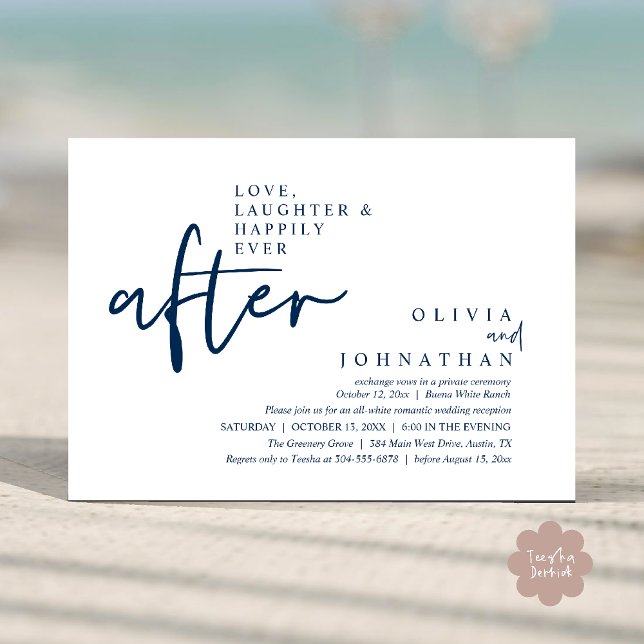 Invitación Amor, Risas Y Feliz Desde La Recepción (Love, Laughter And Happily Ever After Reception Modern Minimalist Invitation Card PDF Navy Blue)