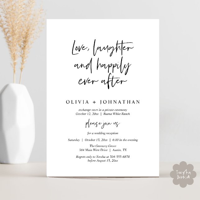 Invitación Amor, Risas Y Feliz Desde La Recepción (Love, Laughter And Happily Ever After Reception Modern Minimalist Invitation Card PDF Black White)