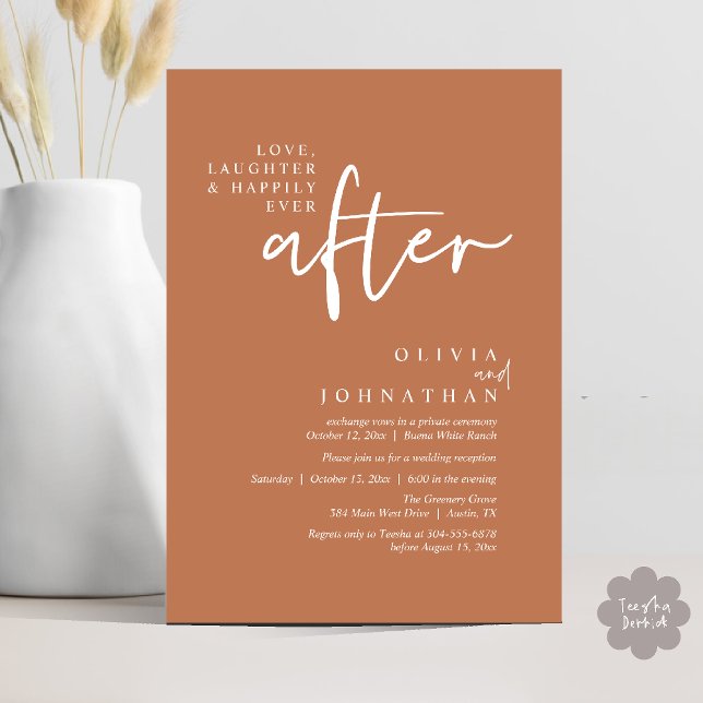 Invitación Amor, Risas Y Feliz Desde La Recepción (Love, Laughter And Happily Ever After Reception Modern Minimalist Invitation Card PDF Copper Brown)