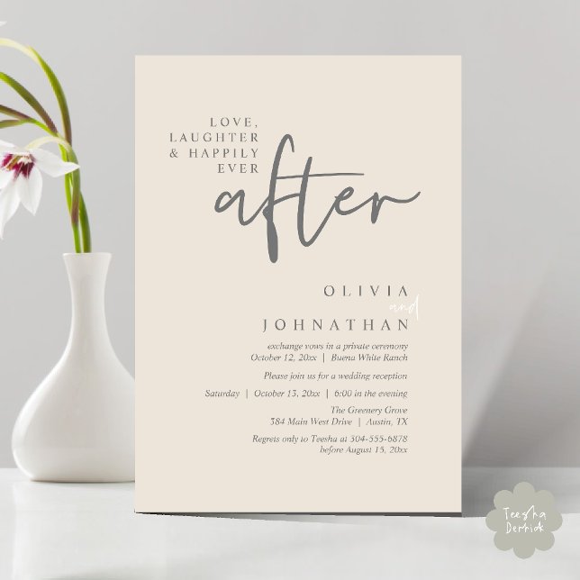 Invitación Amor, Risas Y Feliz Desde La Recepción (Love, Laughter And Happily Ever After Reception Modern Minimalist Invitation Card PDF Cream Grey)