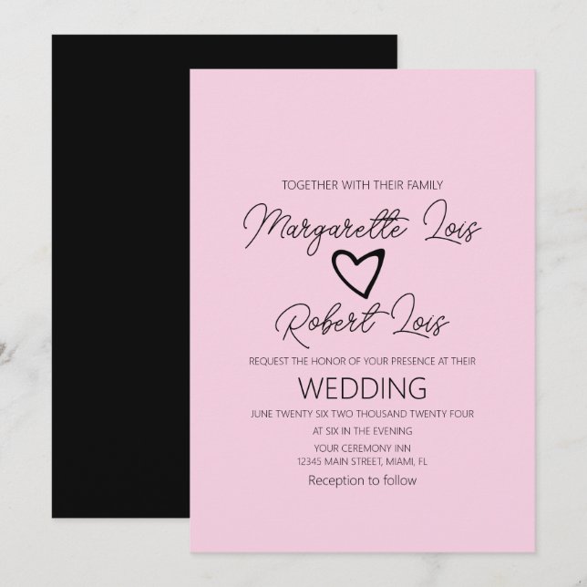 Invitación Amor Romántico Corazón Rosa Negro (Anverso / Reverso)
