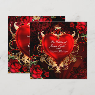 Invitación Amor Romántico Gótico Corazón Boda Rojo y Dorado