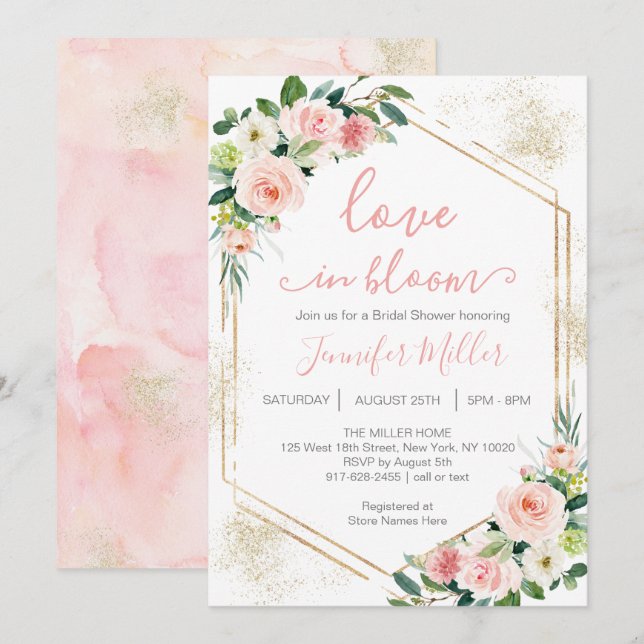 Invitación Amor Rosa De Rubor En Ducha De Novias Florales En  (Anverso / Reverso)
