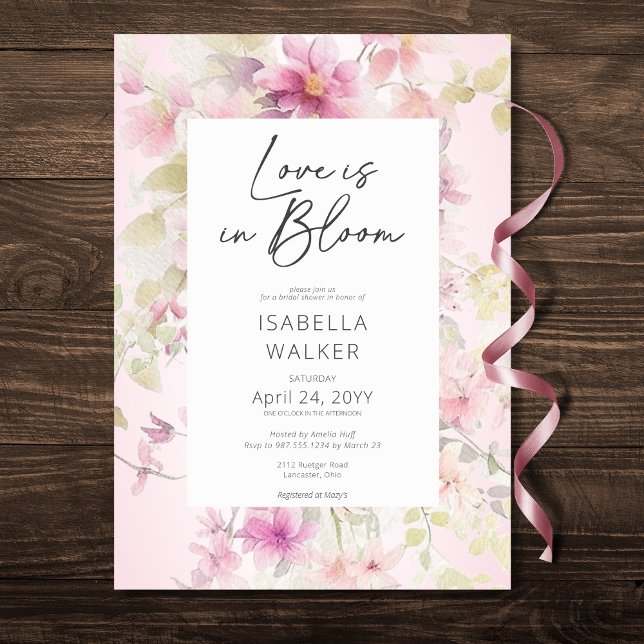 Invitación Amor Rosa Romántico En Ducha De Novias Florales En (Romantic Pink Love In Bloom Floral Bridal Shower Invitation)