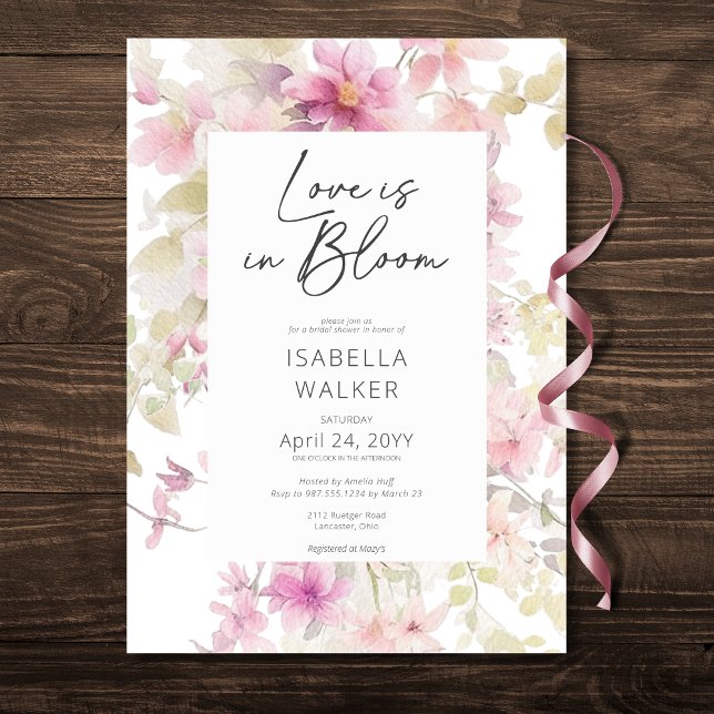 Invitación Amor Rosa Romántico En Ducha De Novias Florales En (Romantic Pink Love In Bloom Floral Bridal Shower Invitation)