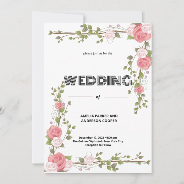Invitación Amor Rosa y Boda de fondo blanco (Anverso)