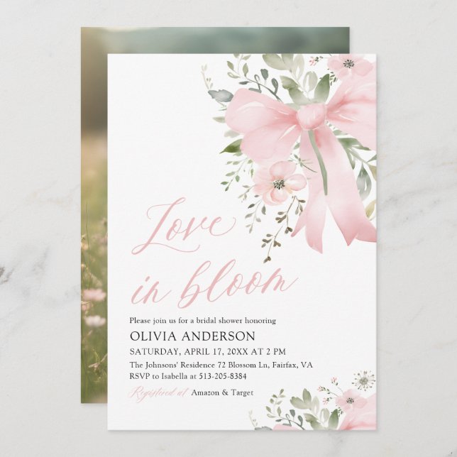 Invitación Amor rosado moderno en ducha de novias floral con  (Anverso / Reverso)