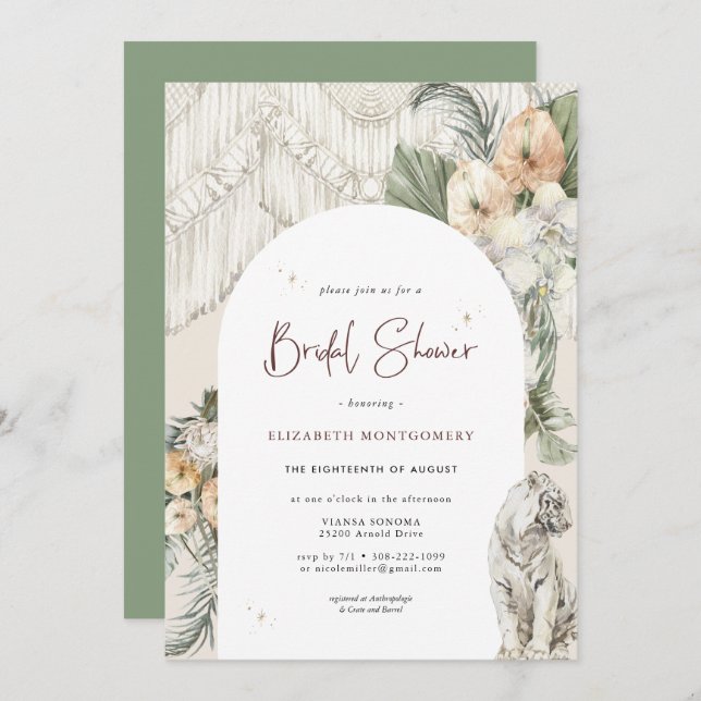 Invitación Amor salvaje | Boho Macrame Greenery Bridal Shower (Anverso / Reverso)