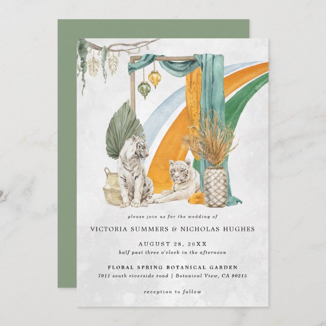 Invitación Amor salvaje | Boho Macrame Tiger Greenery Boda (Anverso / Reverso)