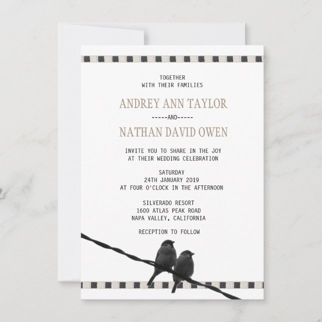 Invitación Amor - Sparrow Pair B&W Photo Love Quote Boda (Anverso)
