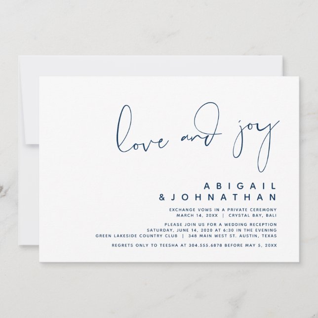 Invitación Amor y Alegría, Elopement Boda moderno, azul marin (Anverso)