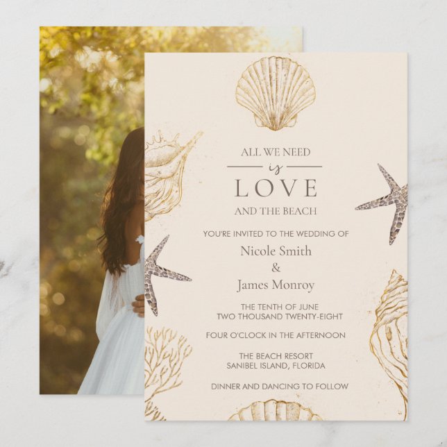 Invitación Amor y la Playa Concha Costera Boda  (Anverso / Reverso)