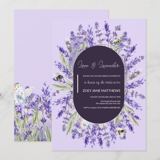 Invitación Amor y Lavanda | Elegante Ducha De Novias Florales (Anverso / Reverso)