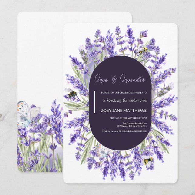 Invitación Amor y Lavanda | Elegante Ducha De Novias Florales (Anverso / Reverso)