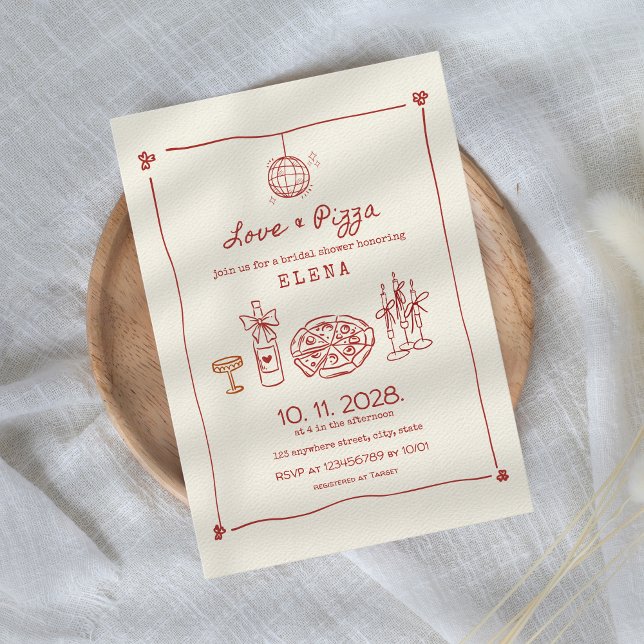 Invitación Amor y pizza con ducha de novia roja (Love & Pizza Hand Drawn Red Bridal Shower Invitation Pizza Party Aesthetic )