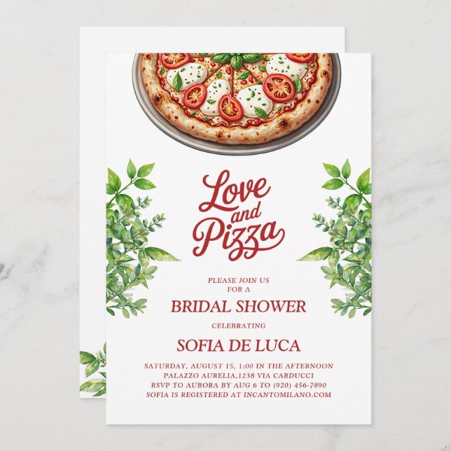 Invitación Amor y pizza, ducha de novias italiana (Anverso / Reverso)