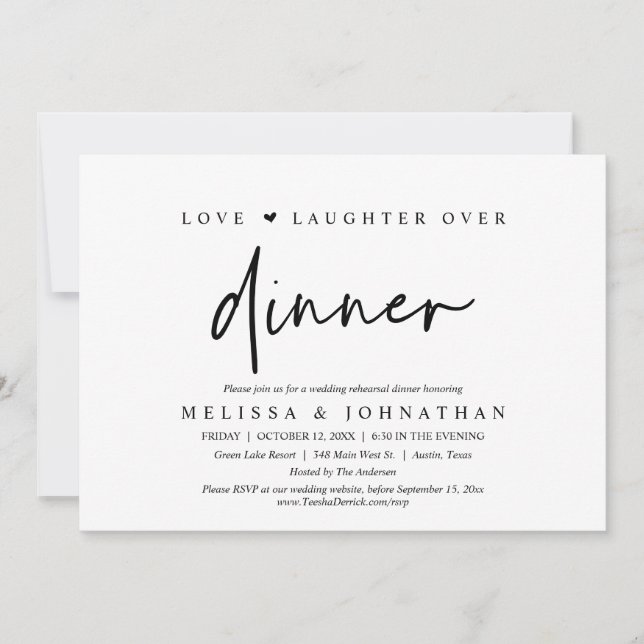 Invitación Amor y risa durante la cena, ensayo Boda (Anverso)