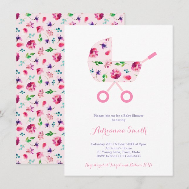 Invitación Amortiguador Rosa Para Chica Floral Baby Shower (Anverso / Reverso)