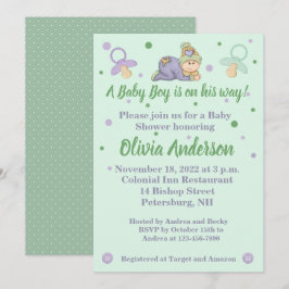 Invitación Amortiguar niño bebé - Baby Shower verde y púrpura