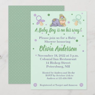 Invitación Amortiguar niño bebé - Baby Shower verde y púrpura