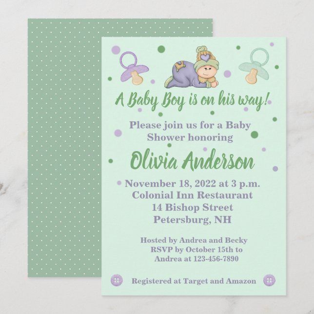 Invitación Amortiguar niño bebé - Baby Shower verde y púrpura (Anverso / Reverso)
