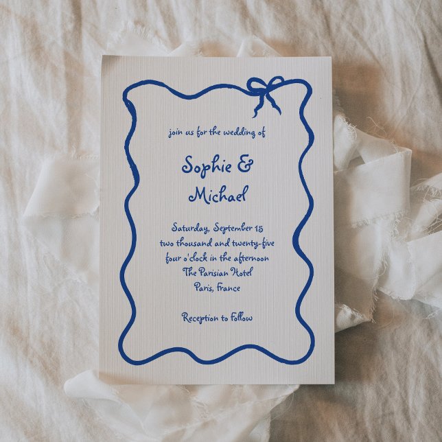 Invitación Amour | Blue Illustrated French Bow Boda (Subido por el creador)