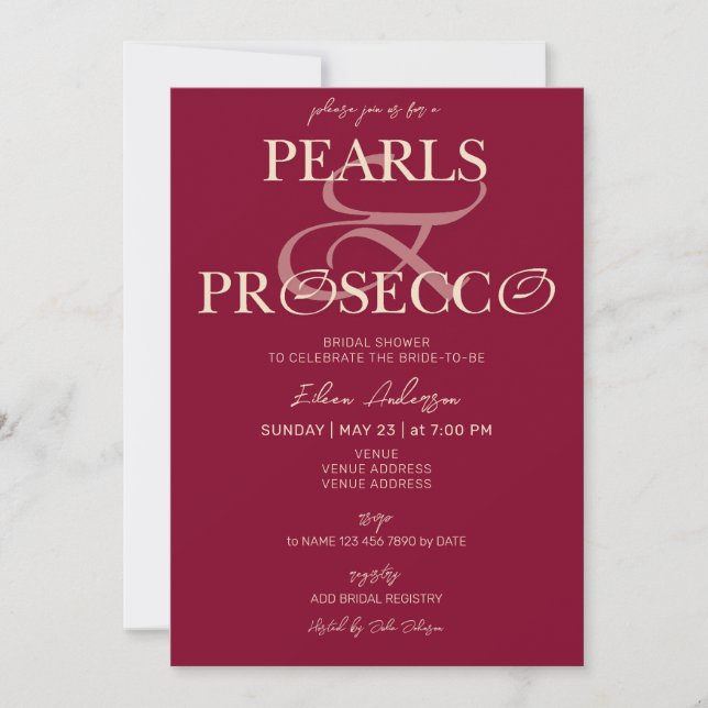 Invitación Ampersand Burgundy Pearls & Prosecco Bridal Shower (Anverso)