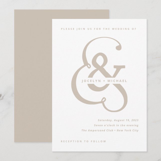 Invitación Ampersand caprichoso | Boda blanco y beige (Anverso / Reverso)
