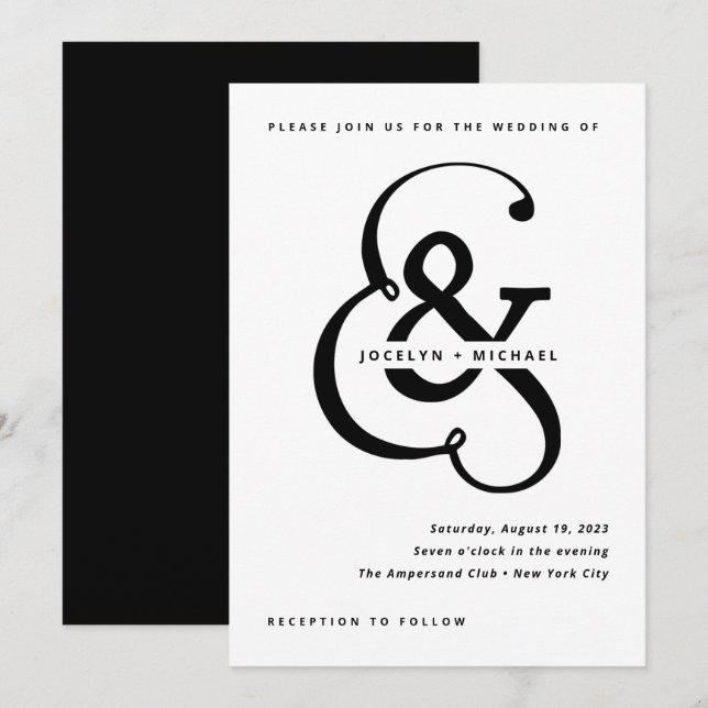 Invitación Ampersand caprichoso | Boda blanco y negro (Anverso / Reverso)