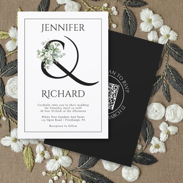 Invitación Ampersand con rama de eucalipto y boda QR (Subido por el creador)