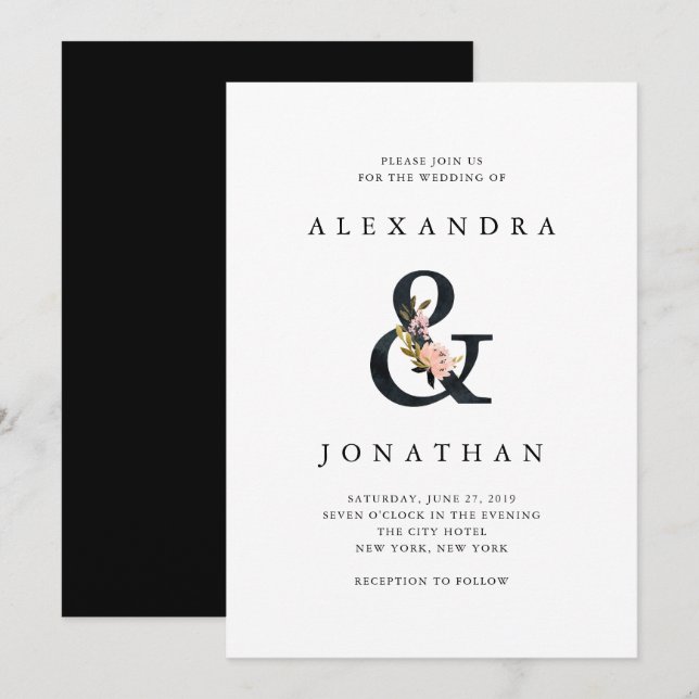 Invitación Ampersand elegante | Boda blanco y negro (Anverso / Reverso)