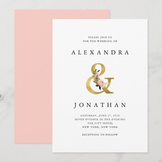 Invitación Ampersand elegante | Boda de oro y Rubor (Anverso / Reverso)
