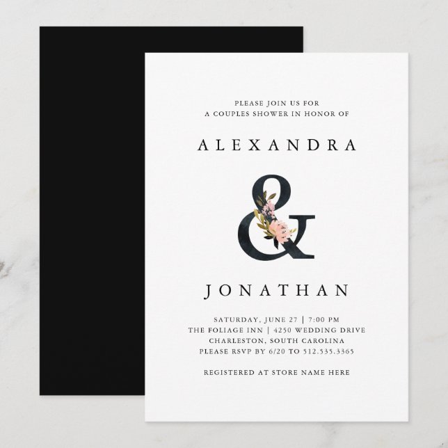 Invitación Ampersand elegante | Ducha de parejas negras y bla (Anverso / Reverso)