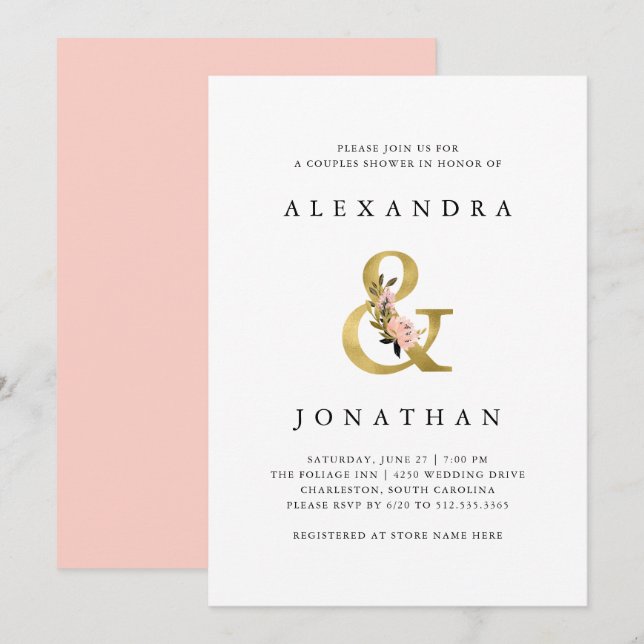 Invitación Ampersand elegante | Ducha para parejas de oro y R (Anverso / Reverso)