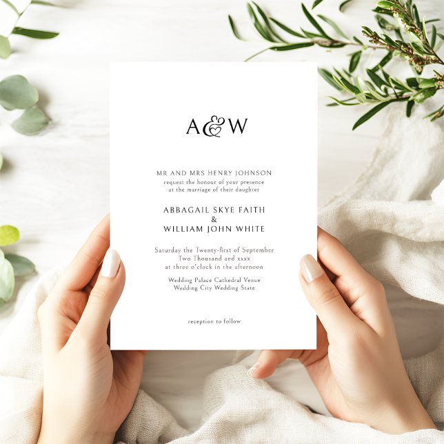 Invitación Ampersand Monograma Boda blanco y negro (Wedding Invitation Suite with Monogram Initials & Decorative Heart Ampersand)