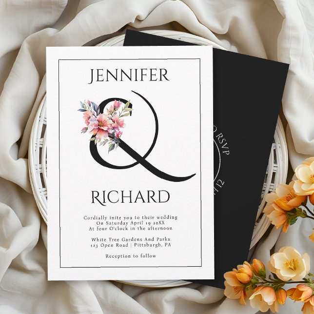 Invitación Ampersand with rhododendron branch and QR wedding (Subido por el creador)