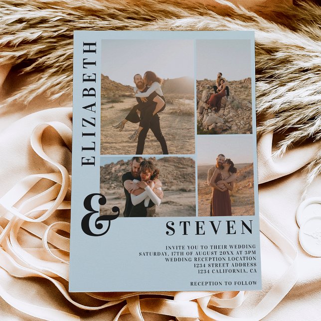 Invitación Ampersor azul casual en negrita y 5 boda de cuadrí (Subido por el creador)