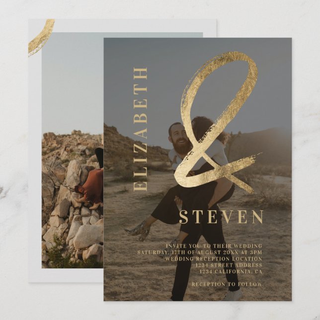 Invitación Ampersor de oro gris moderno y nombres 2 boda de f (Anverso / Reverso)