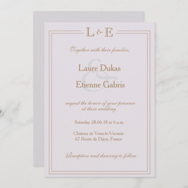 Invitación Ampersor gris lila dorado monograma y boda moderno (Anverso / Reverso)