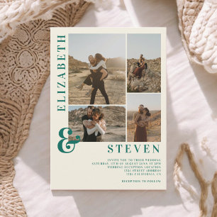 Invitación Ampersor retro verde beige y 5 boda de cuadrícula 