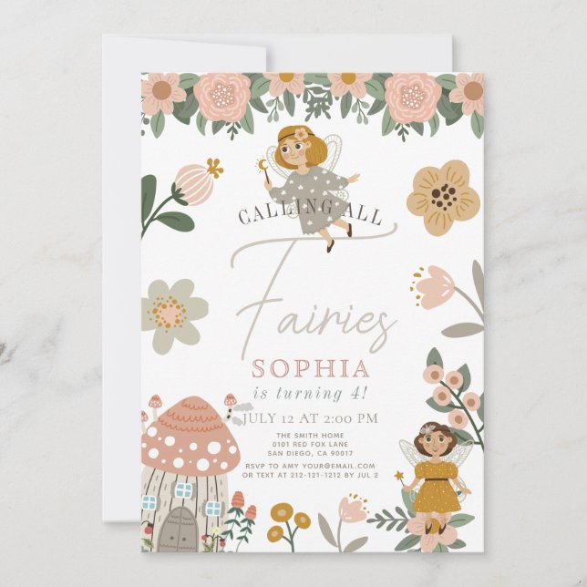 Invitación Amueblado Chica de hadas florales rosas Cumpleaños (Anverso)