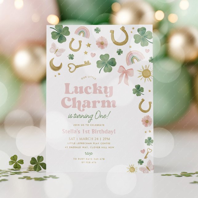 Invitación Amuleto de la suerte cumple 1 año St Patricks Day  (Lucky Charm! St Patrick's Day 1st Birthday invitation. )