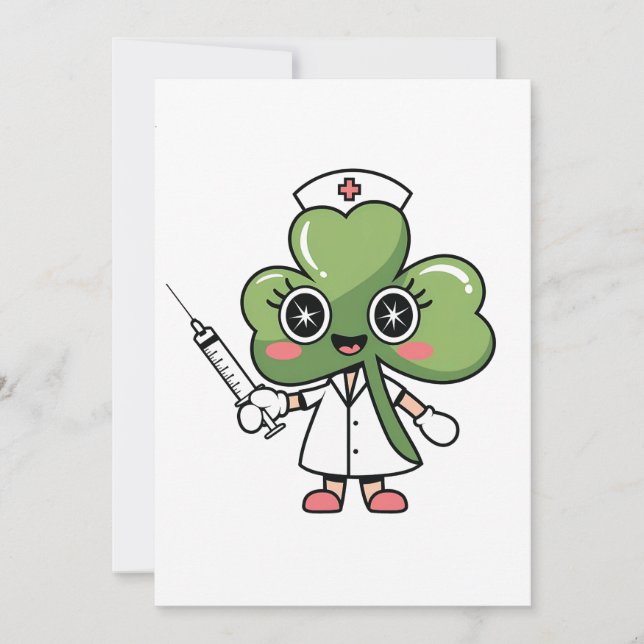 Invitación Amuleto de la suerte del trébol Enfermera Kawaii A (Anverso)