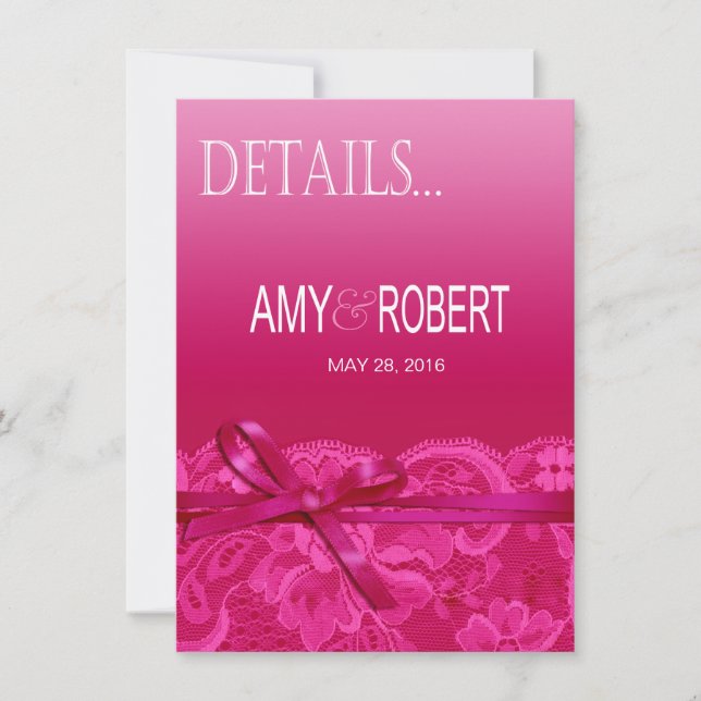 Invitación Amy Bows detalles de cinta y encaje fucsia (Anverso)