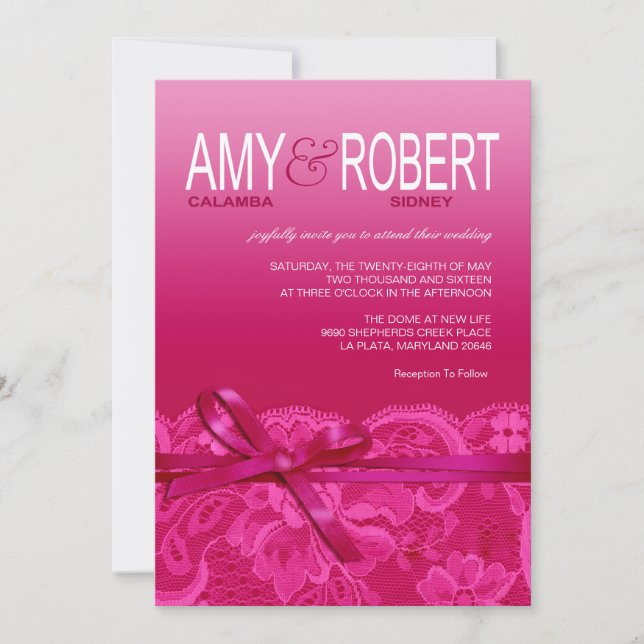 Invitación Amy Bows Ribbon y Lace Boda fuschia (Anverso)