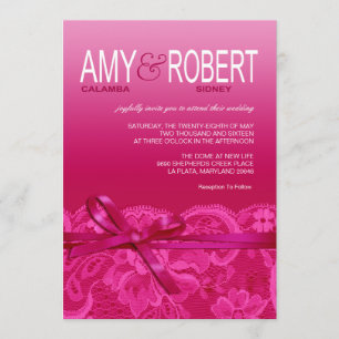 Invitación Amy Bows Ribbon y Lace Boda fuschia