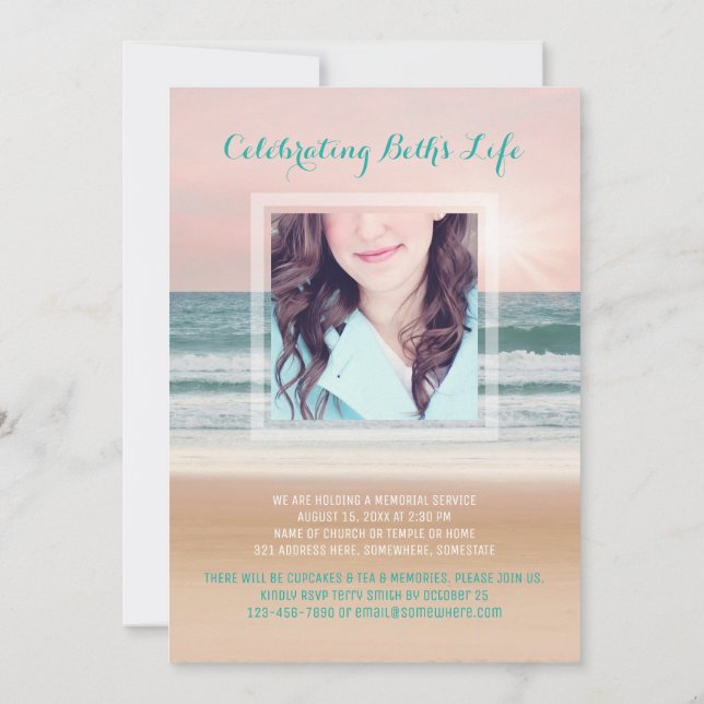 Invitación Añada su foto en memoria Sea Ocean Beach Turquoise (Reverso)